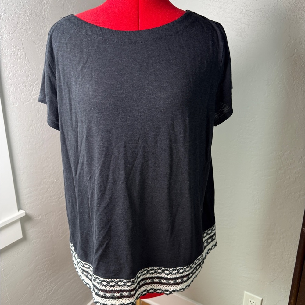 J.Jill Black Cotton Modal Short Sleeve Top with Embroidered Lace Hem Size L